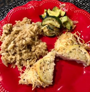 lemon chicken on red plate