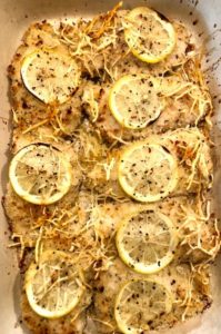 lemon chicken in baking dish